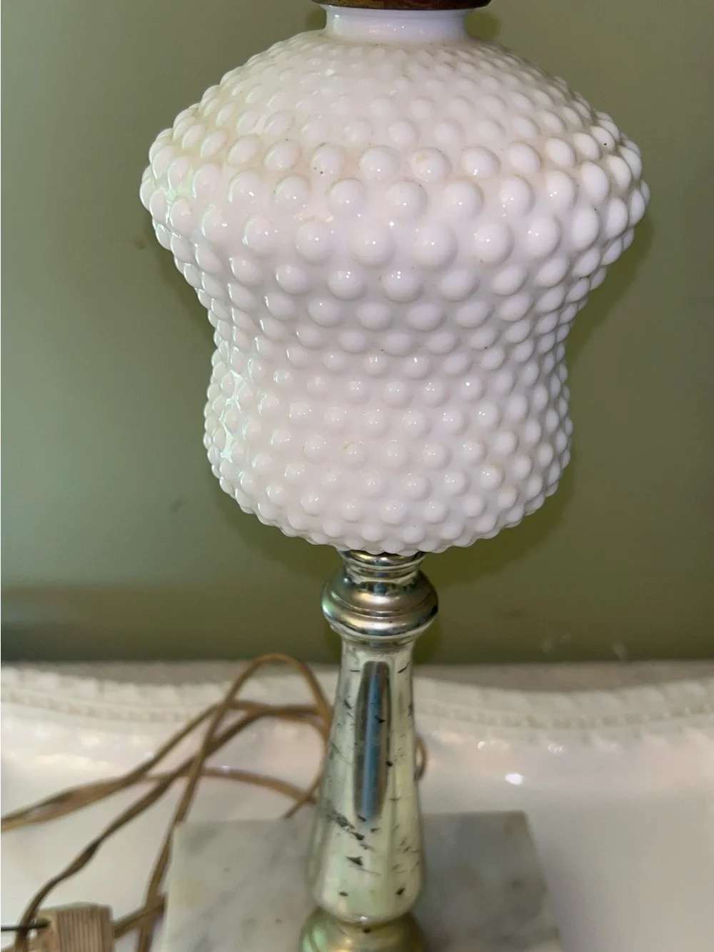 Vintage Hurricane Style Hobnail Milk Glass Table Lamp with a Marble Base